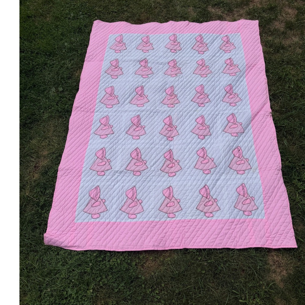 Handmade Quilt Sunbonnet Sue Twin 64x87 Pink Vtg Gingham Applique Cottagecore